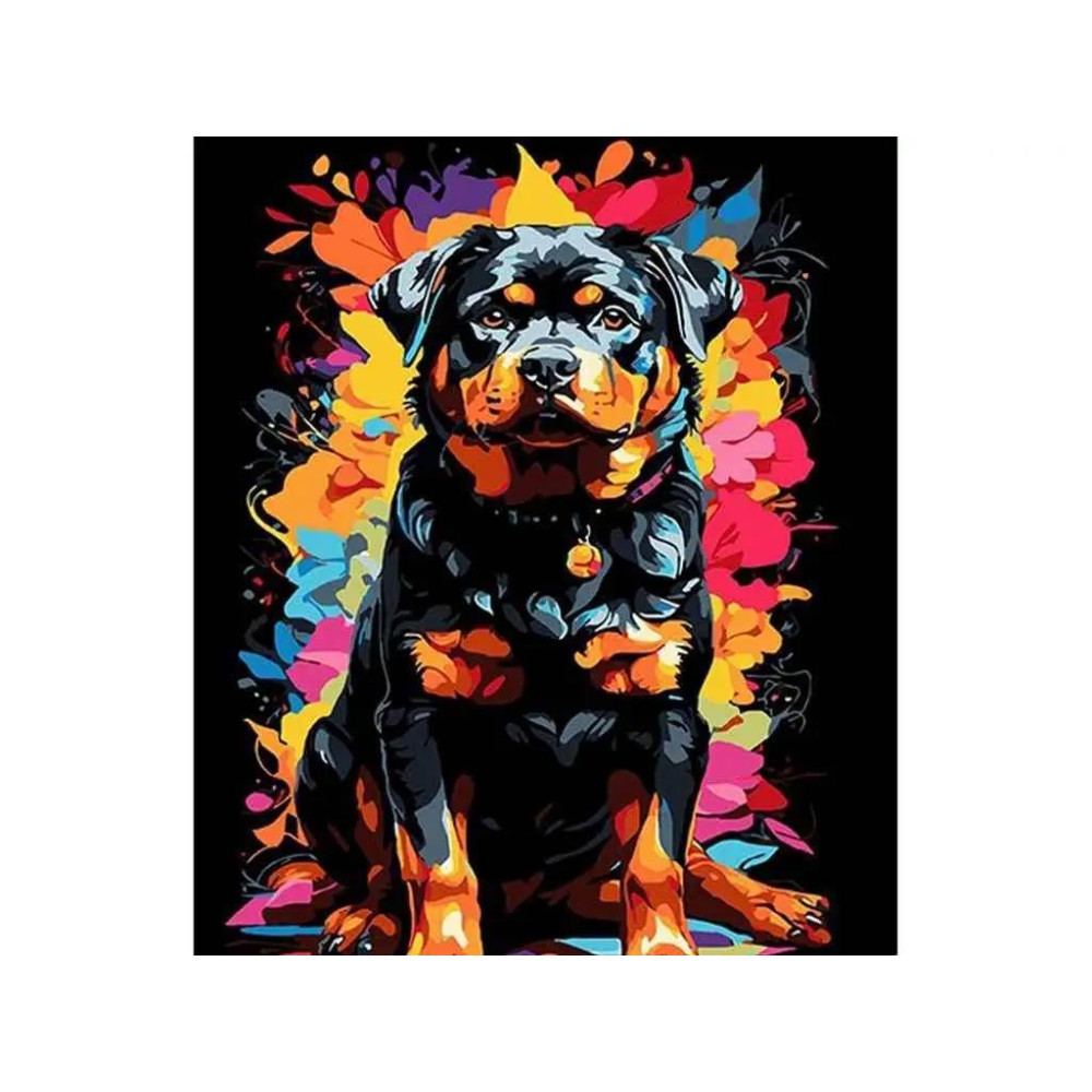 Набір для розпису по номерах Ротвейлер на фоні кольорових квітів Strateg на чорному фоні розміром 30х40 см (FH-10)