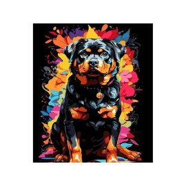 Набір для розпису по номерах Ротвейлер на фоні кольорових квітів Strateg на чорному фоні розміром 30х40 см (FH-10)