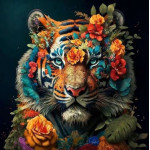 Набір для розпису по номерах Яскравий тигр у квітах Strateg на чорному фоні розміром 40х40 см (AV4040-8)