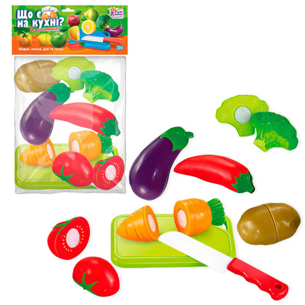 Овочі на липучках “Що є на кухні?”, 10 елементів, обробна дошка, ніж,