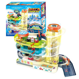 Інтерактивний автотрек 92629, ОЗВУЧ. УКР. МОВ., автоматичний підіймач, звук, світло, пісні, 4 машинки, паркінг, виїзди