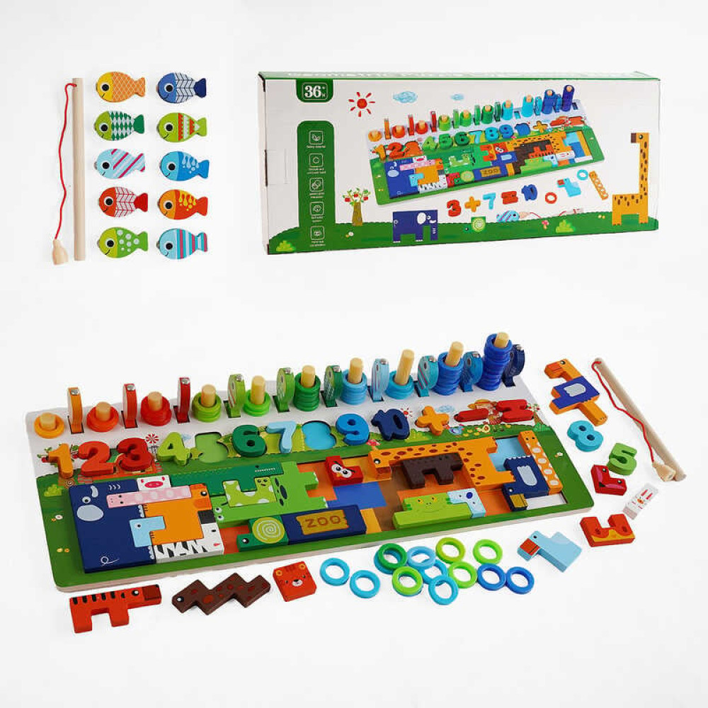 Логічна дерев’яна дошка C 65715 кілочки, сортер, пазли магнітна риболовля