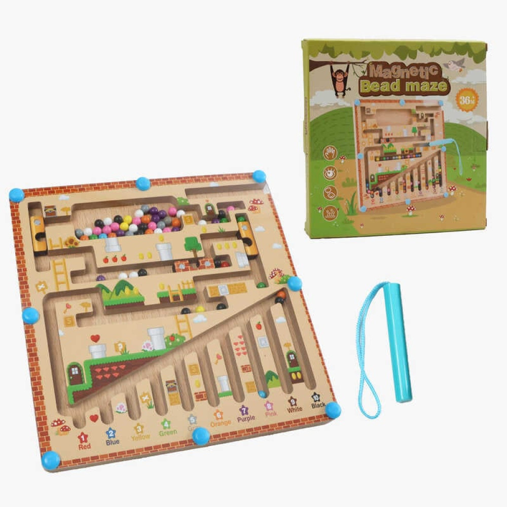 Дерев`яна магнітна дошка C 74275 стилус, лабіринт, сортер, кольори англійською, цифри