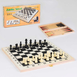 Шахи дерев'яні3 в 1, дерев'яна дошка, дерев'яні шахи, в коробці